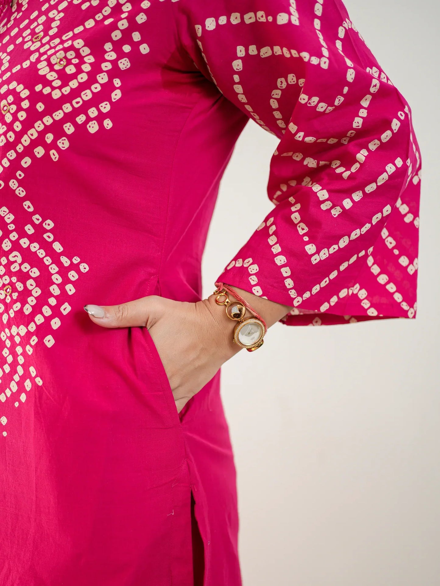 Women’s Bandhani Print Cotton Kurti Palazzo & Dupatta Set – Pink