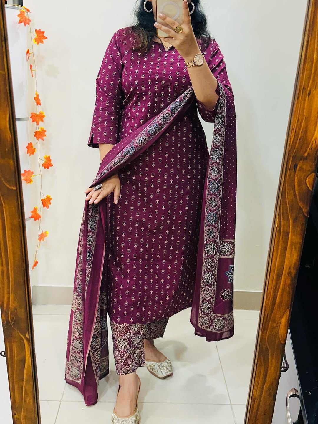 Women's Maroon Pure Cotton Kurti Pant & Dupatta Set