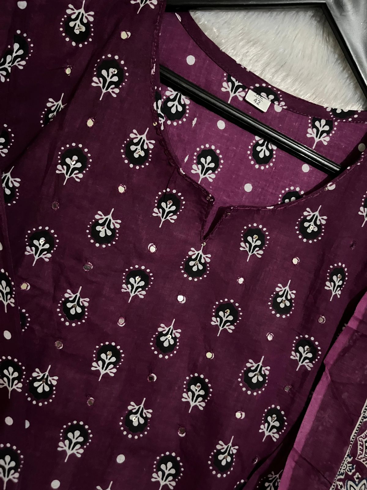 Women's Maroon Pure Cotton Kurti Pant & Dupatta Set