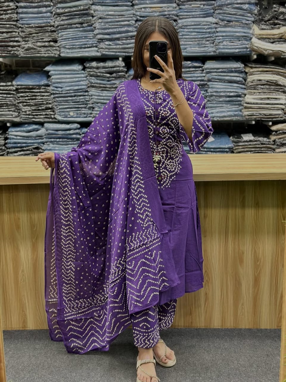 Women’s Bandhani Print Cotton Kurti Palazzo & Dupatta Set – Purple