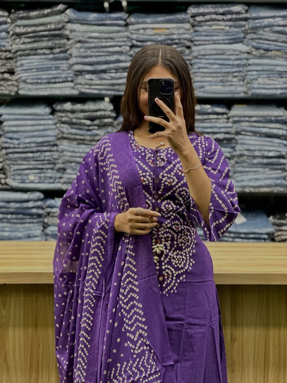 Women’s Bandhani Print Cotton Kurti Palazzo & Dupatta Set – Purple