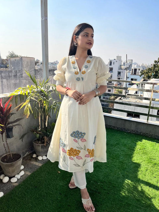 Ivory Bloom Embroidered Anarkali Kurta Set