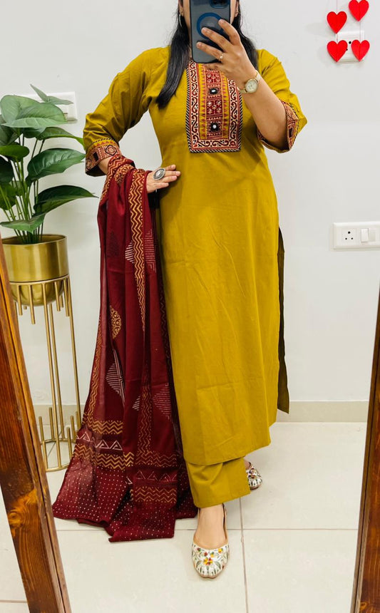 Mustard Embroidered Kurta Palazzo Set with Dupatta for Women