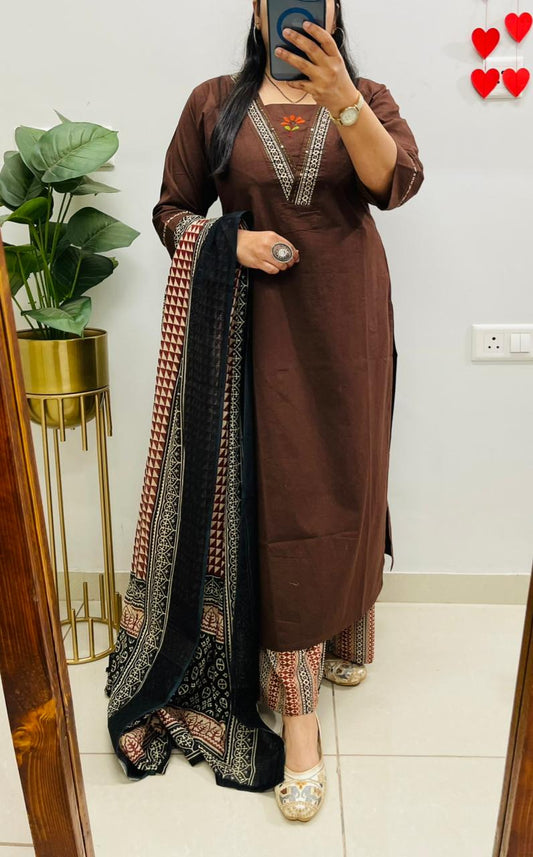 Brown Embroidered Kurta Palazzo Set with Dupatta for Women