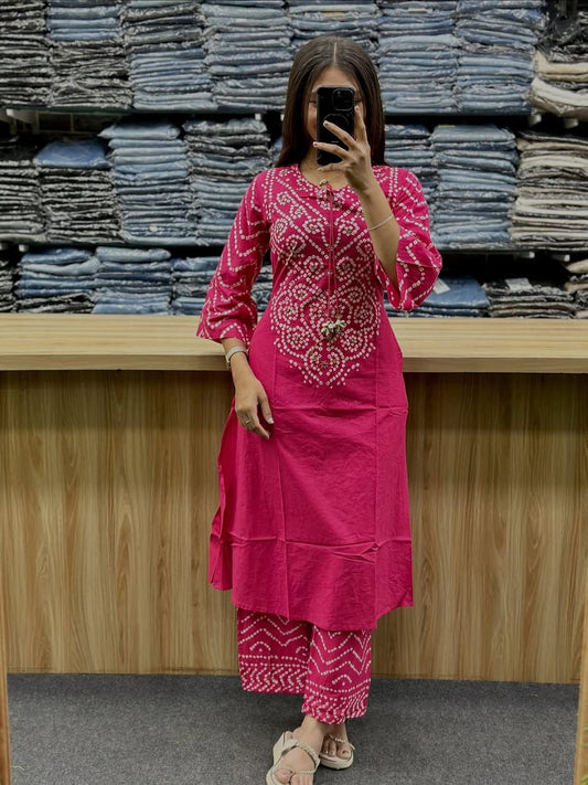 Women’s Bandhani Print Cotton Kurti Palazzo & Dupatta Set – Pink