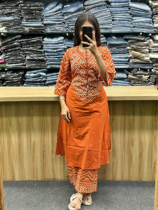 Women’s Bandhani Print Cotton Kurti Palazzo & Dupatta Set - Orange